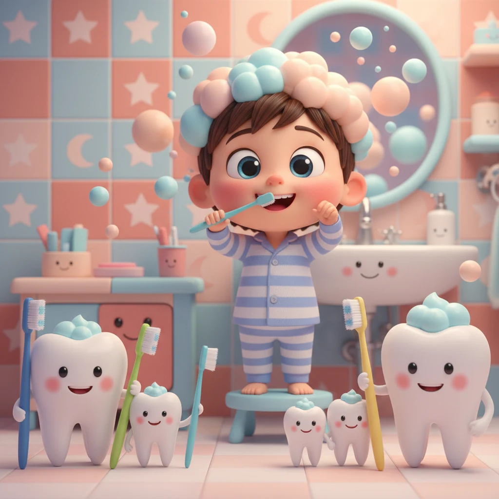 Criança escovando os dentes com escovinha colorida