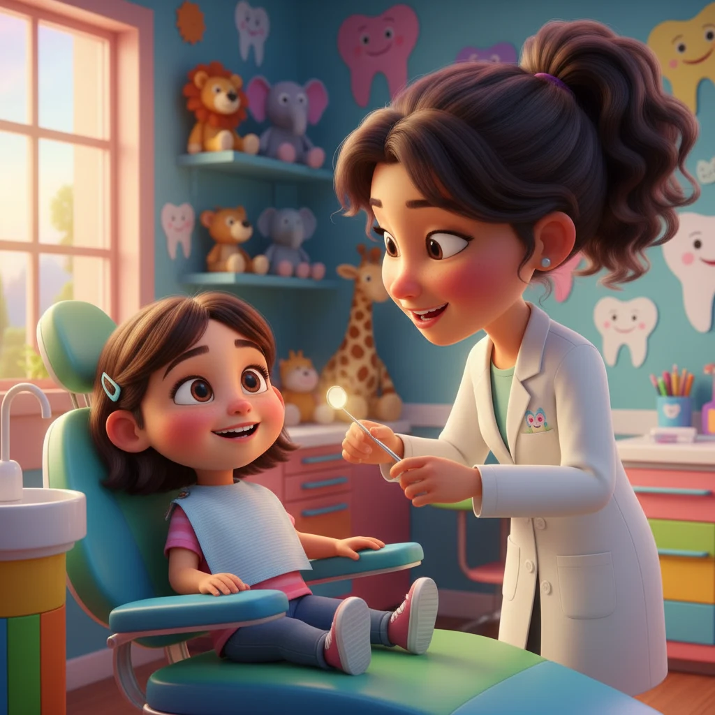 Criança sorrindo durante consulta odontopediátrica